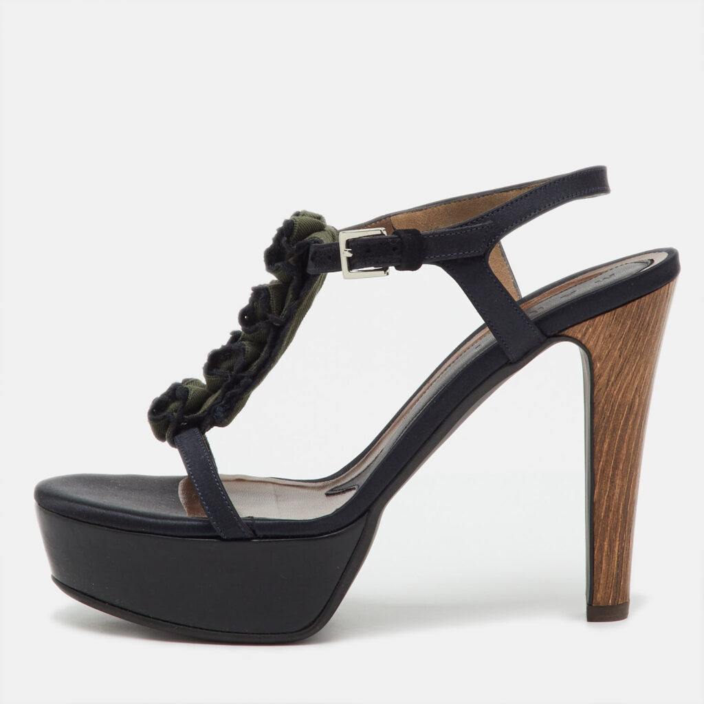 Marni Black/Green Satin and Fabric Platform Ankle Strap Sandals Size 39 Marni Black/Green Satin and Fabric Platform Ankle Strap Sandals Size 39