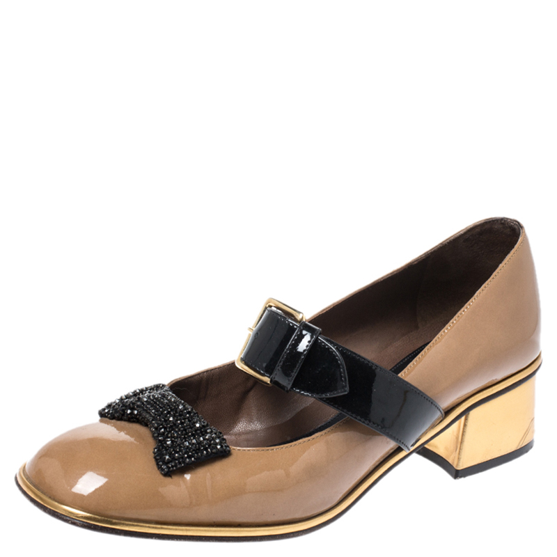 Marni Brown Patent Leather Embellished Bow Mary Jane Buckle Strap Pumps Size 38 Marni Brown Patent Leather Embellished Bow Mary Jane Buckle Strap Pumps Size 38