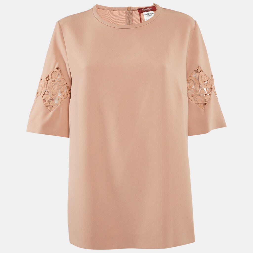 Max Mara Studio Dark Beige Crepe Lace Trimmed Top L