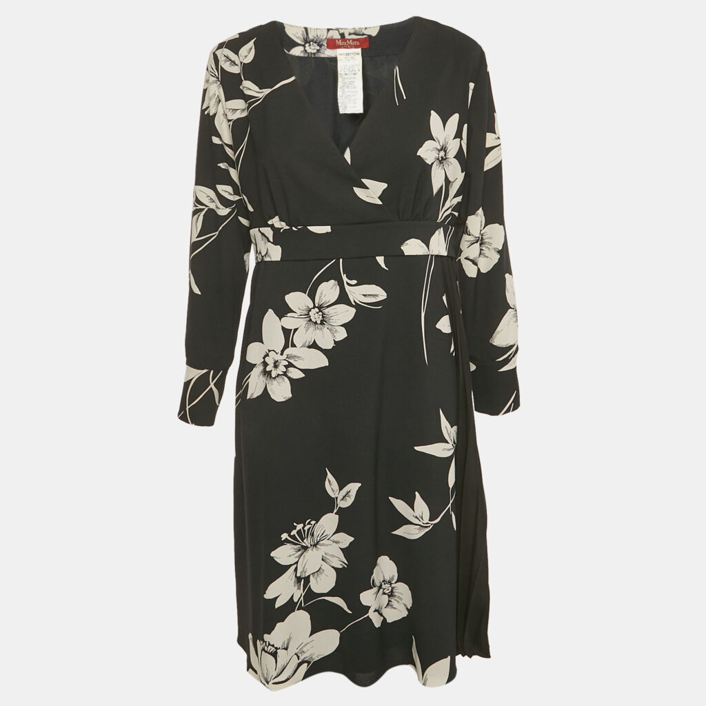 Max Mara Studio Black Floral Print Crepe Pleat Detailed Short Dress L Max Mara Studio Black Floral Print Crepe Pleat Detailed Short Dress L