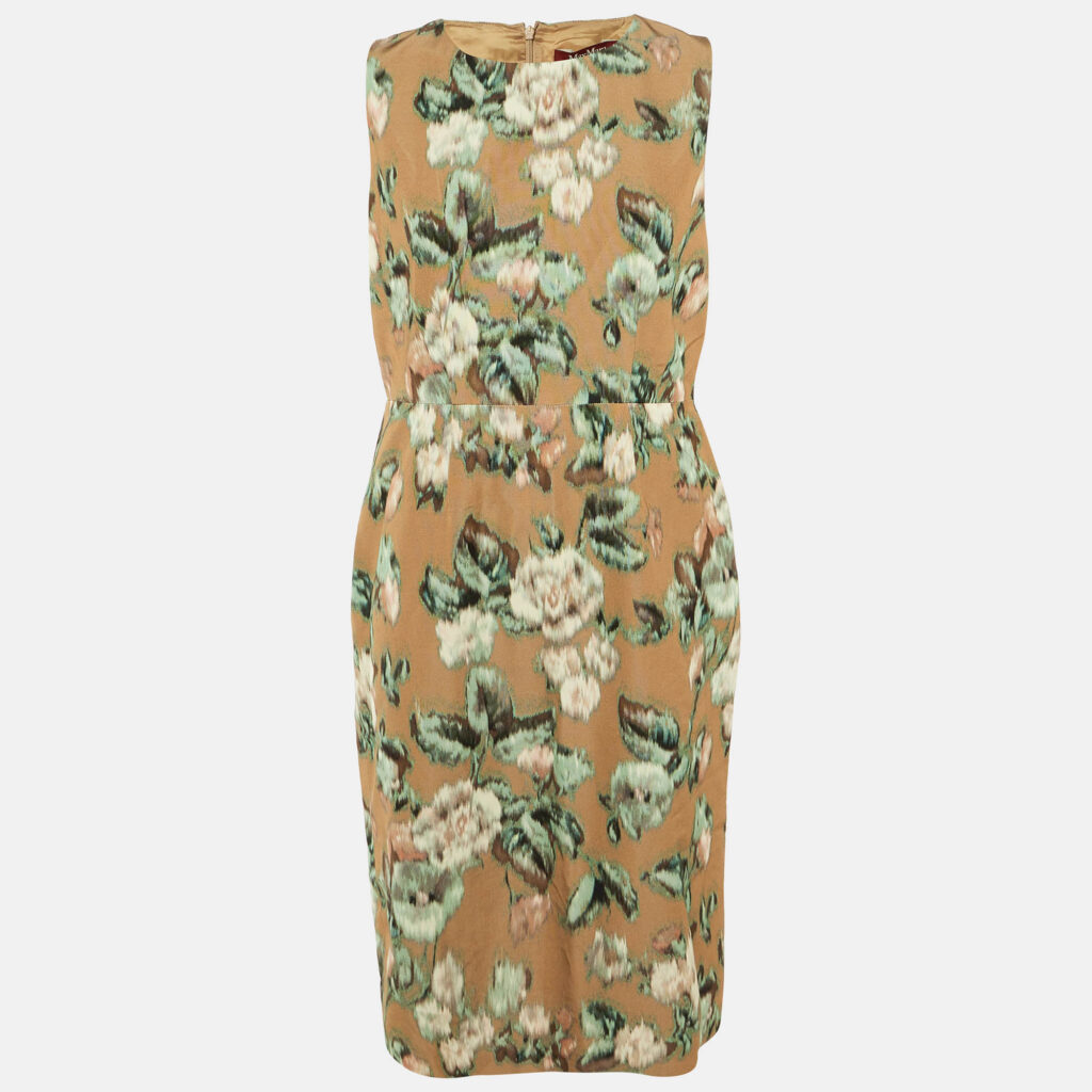 Max Mara Studio Brown Printed Cotton Blend Midi Dress XL