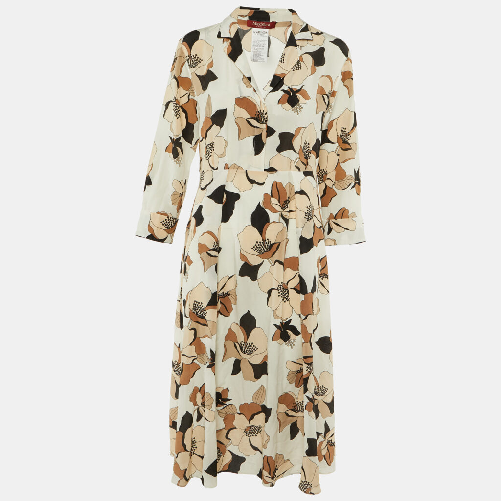 Max Mara Studio Cream Floral Print Silk Midi Dress M Max Mara Studio Cream Floral Print Silk Midi Dress M