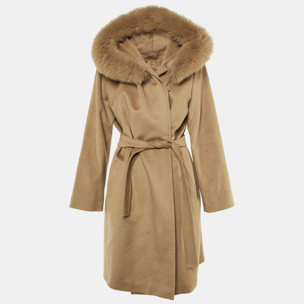Max Mara Studio Beige Wool Detachable Fur Hood Coat L Max Mara Studio Beige Wool Detachable Fur Hood Coat L
