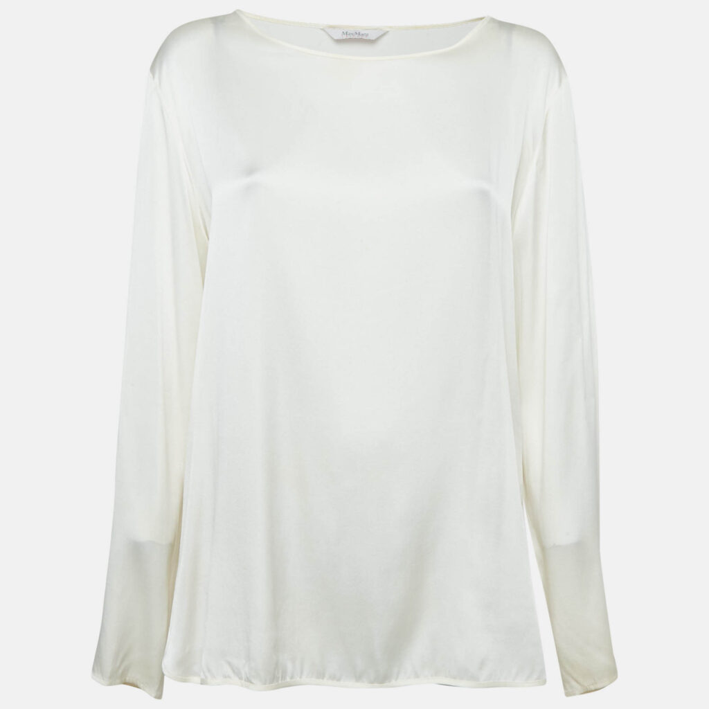 Max Mara Leisure Cream Satin Silk Long Sleeve Blouse XL