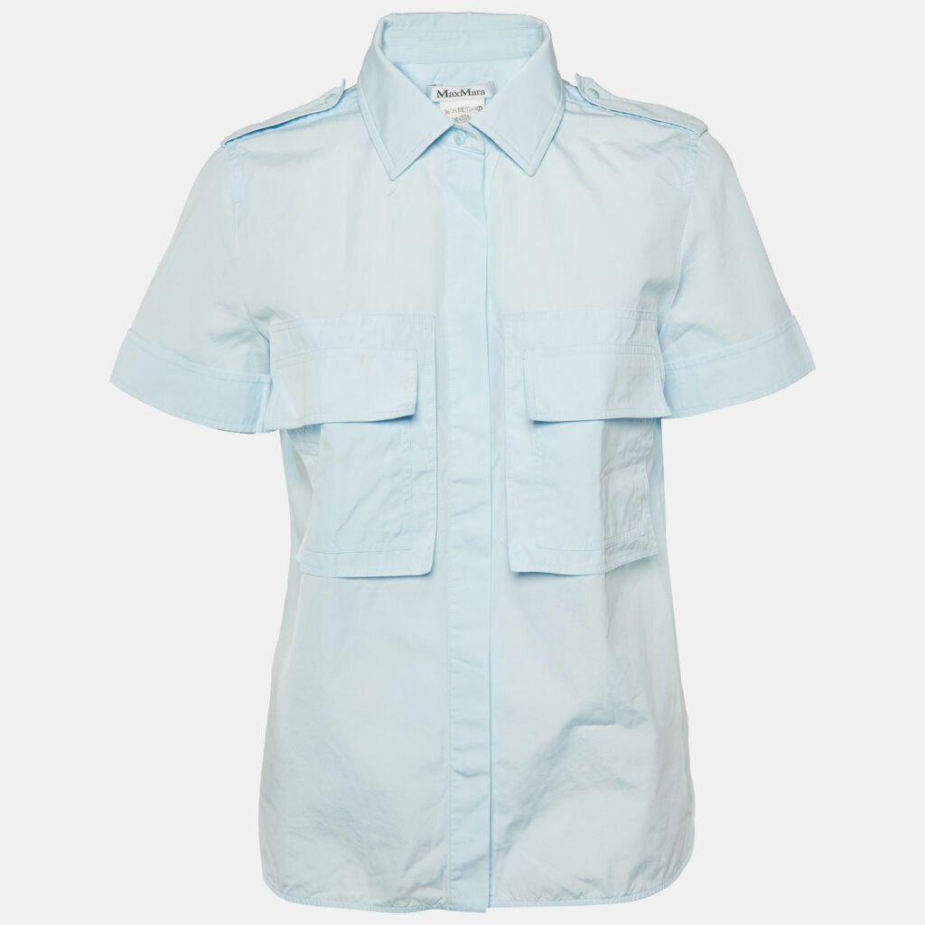 Max Mara Blue Cotton Short Sleeve Shirt M Max Mara Blue Cotton Short Sleeve Shirt M