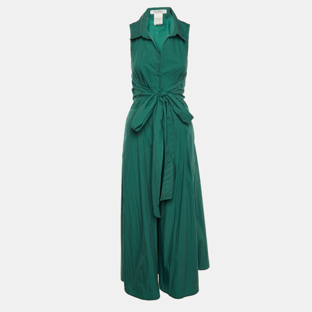 Max Mara Green Cotton Tie Detail Maxi Dress L Max Mara Green Cotton Tie Detail Maxi Dress L