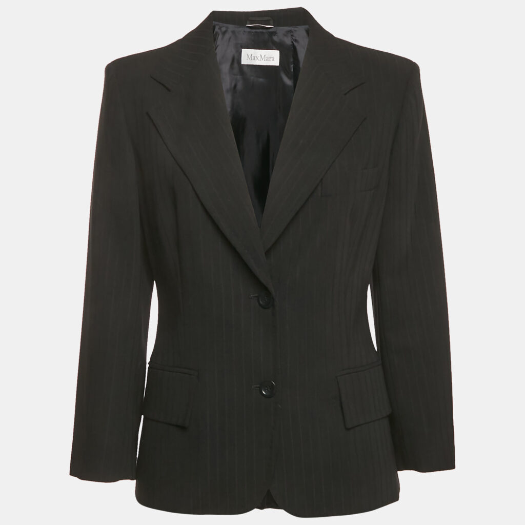 Max Mara Black Pinstriped Wool Tailored Blazer L Max Mara Black Pinstriped Wool Tailored Blazer L