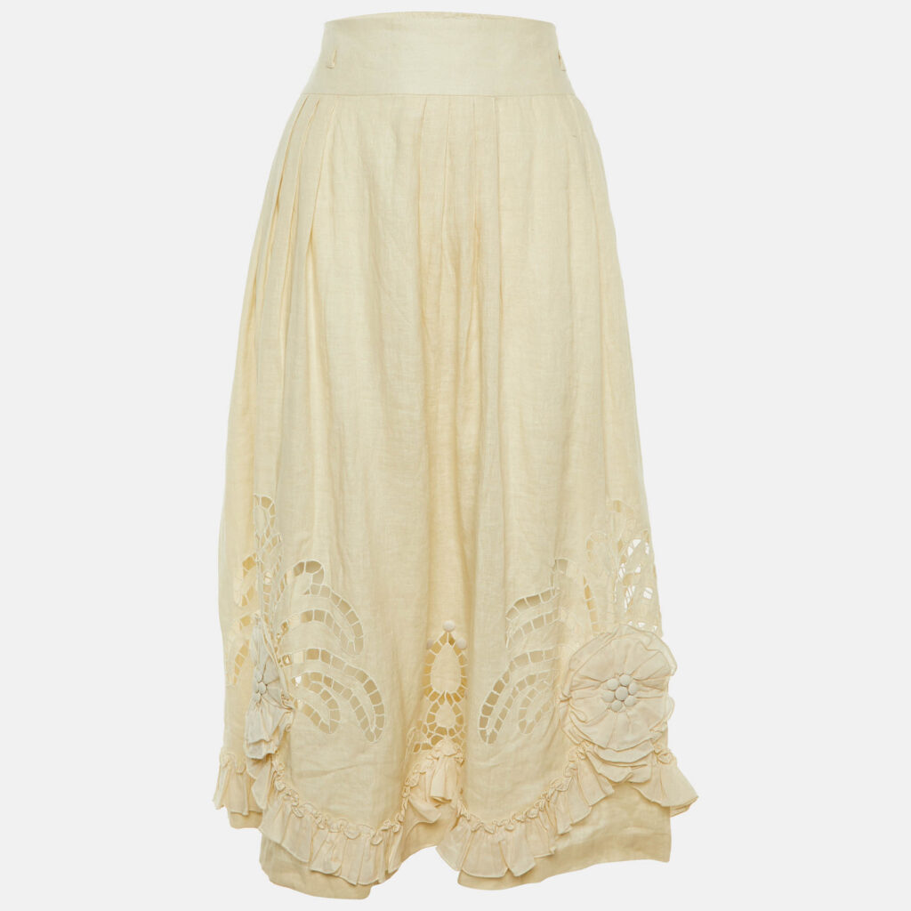 Max Mara Cream Linen Cut-work Detail Midi Skirt L Max Mara Cream Linen Cut-work Detail Midi Skirt L