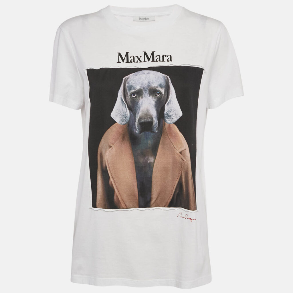 Max Mara White Dog Print Cotton Crew Neck Cipria T-Shirt L