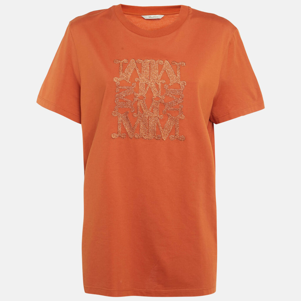 Max Mara Orange Lurex Logo Embroidery Cotton Crew Neck T-Shirt L