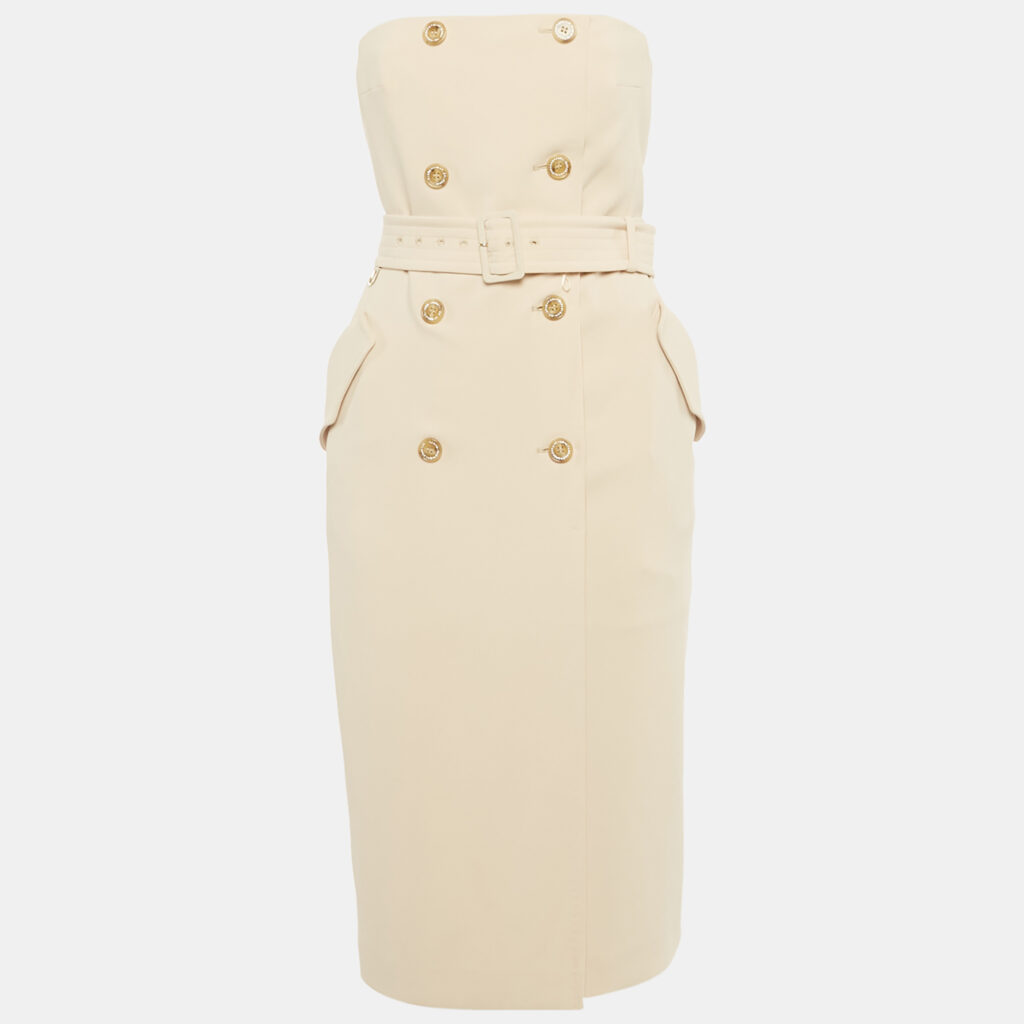 Max Mara Beige Crepe Strapless Double Breasted Midi Dress S Max Mara Beige Crepe Strapless Double Breasted Midi Dress S