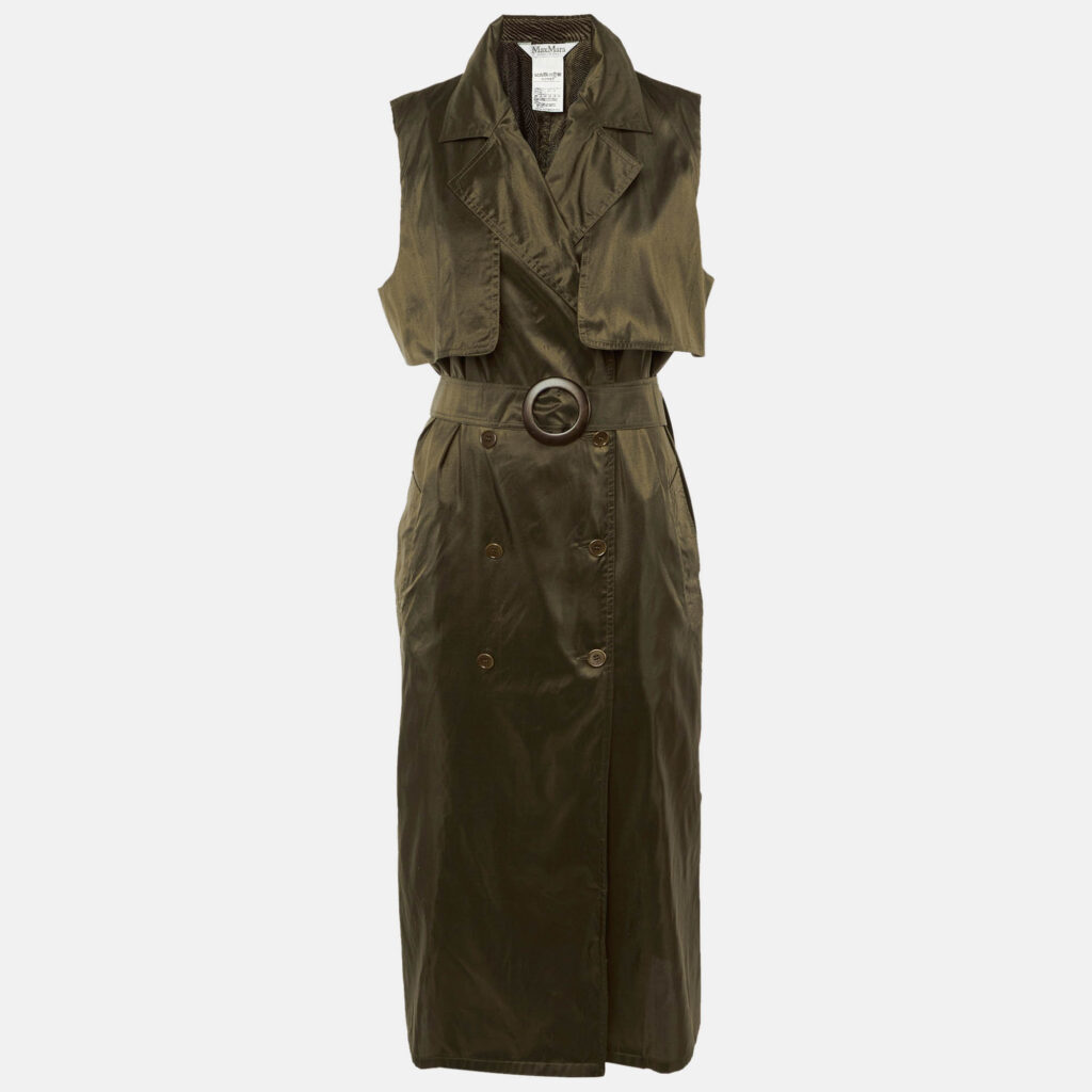 luxury-women-max-mara-used-clothes-p1223668-001.jpg Max Mara Olive Green Silk Sleeveless Trench Midi Dress XL