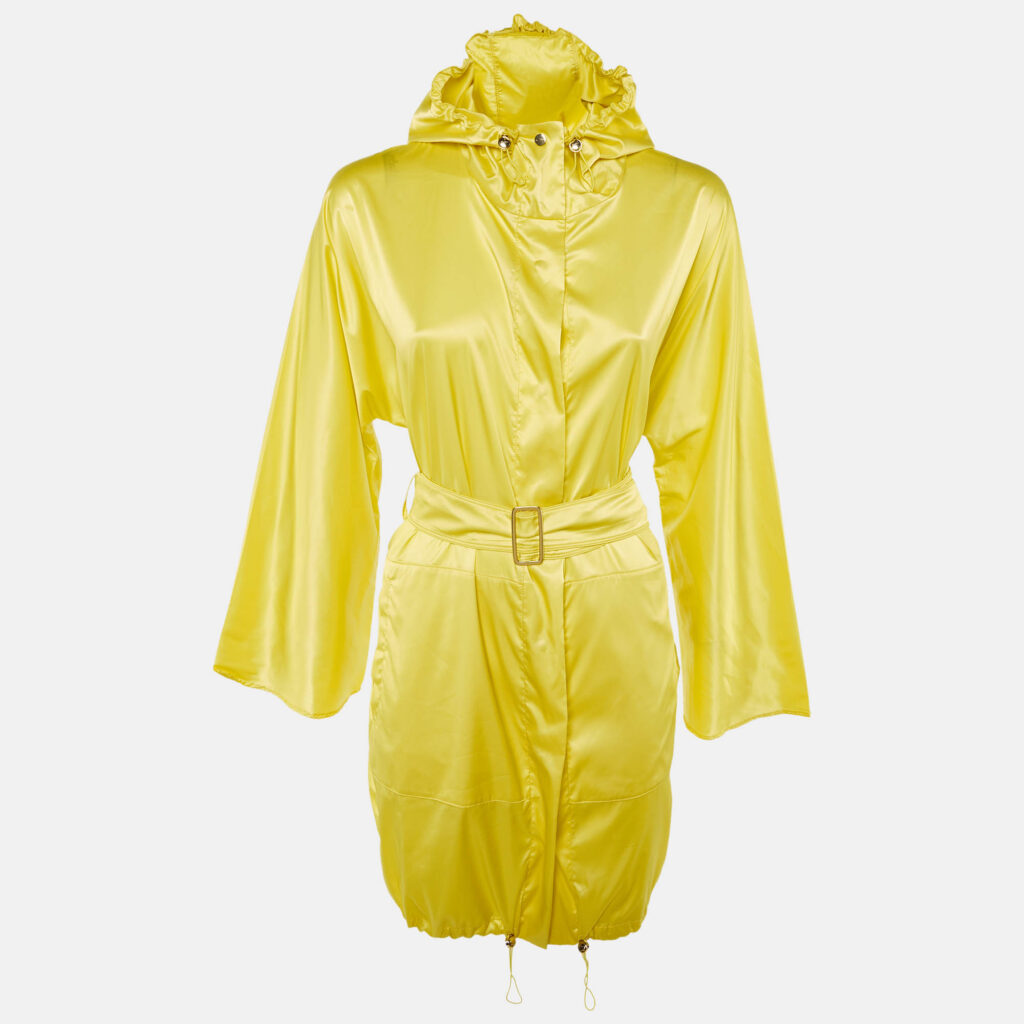 Max Mara City Yellow Stretch Satin Hooded Belted Coat S Max Mara City Yellow Stretch Satin Hooded Belted Coat S