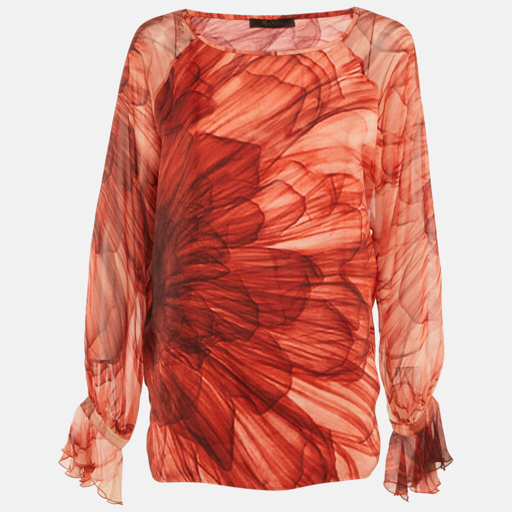 Max Mara Red Floral Print Silk Blouse L Max Mara Red Floral Print Silk Blouse L