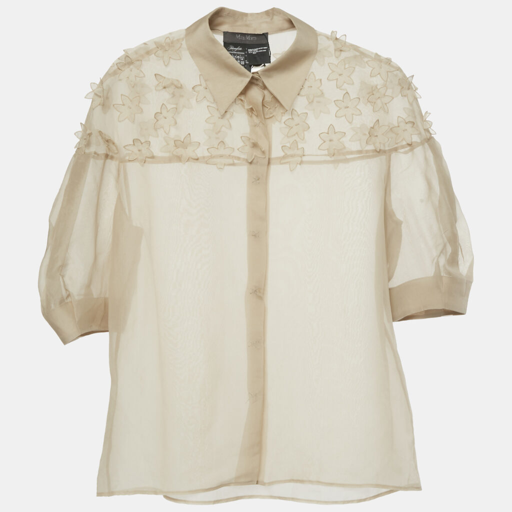 Max Mara Beige Floral Applique Organza Silk Sheer Shirt XS Max Mara Beige Floral Applique Organza Silk Sheer Shirt XS