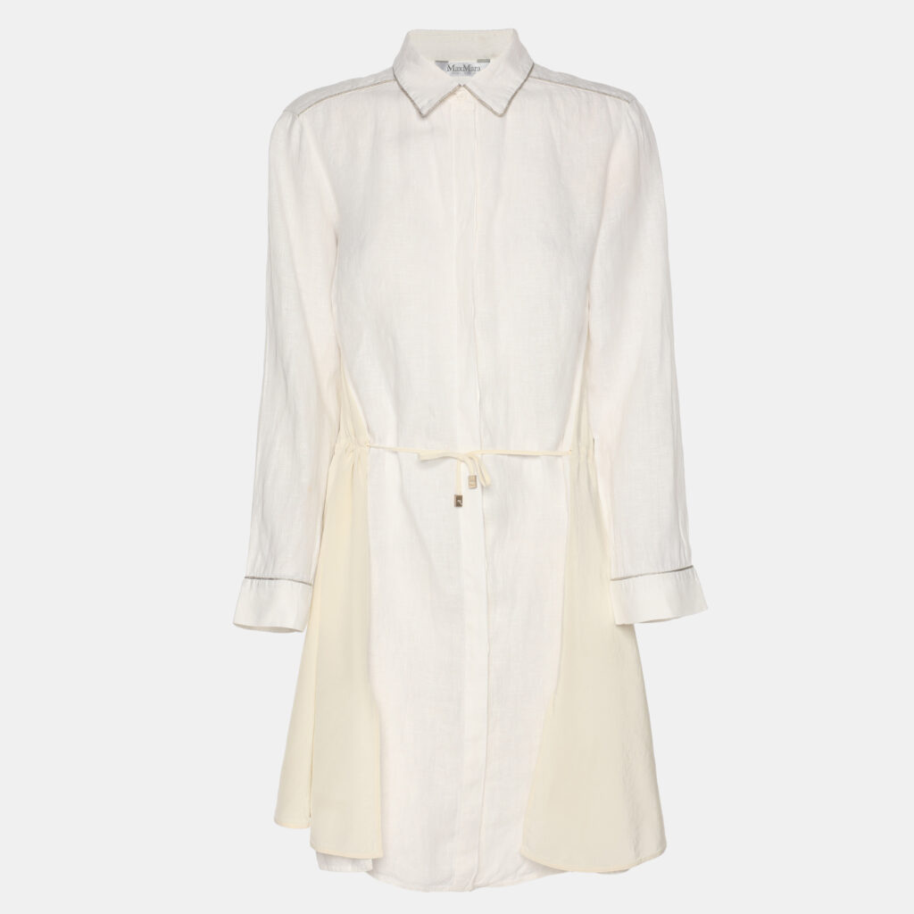 Max Mara White/Ivory Linen and Crepe Drawstring Tops M