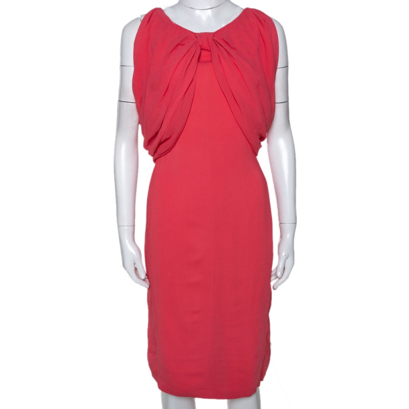 Max Mara Coral Pink Stretch Crepe Draped Sheath Dress L Max Mara Coral Pink Stretch Crepe Draped Sheath Dress L