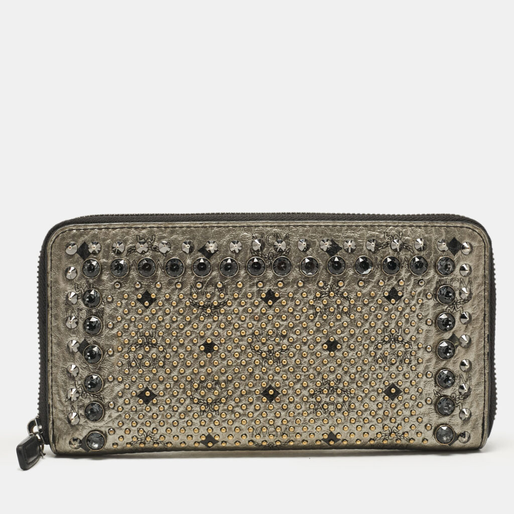 MCM Metallic Grey Leather Crystals Embellished Zip Continental Wallet MCM Metallic Grey Leather Crystals Embellished Zip Continental Wallet