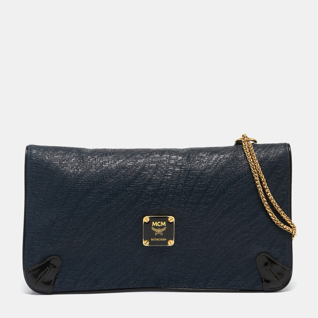 MCM Navy Blue/Brown Coated Raffia and Patent Leather Flap Shoulder Bag MCM Navy Blue/Brown Coated Raffia and Patent Leather Flap Shoulder Bag