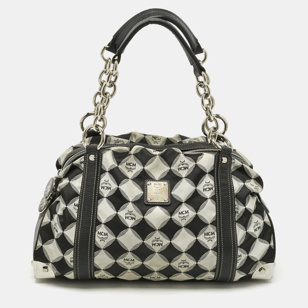 MCM Black Printed Fabric and Leather Zip Satchel