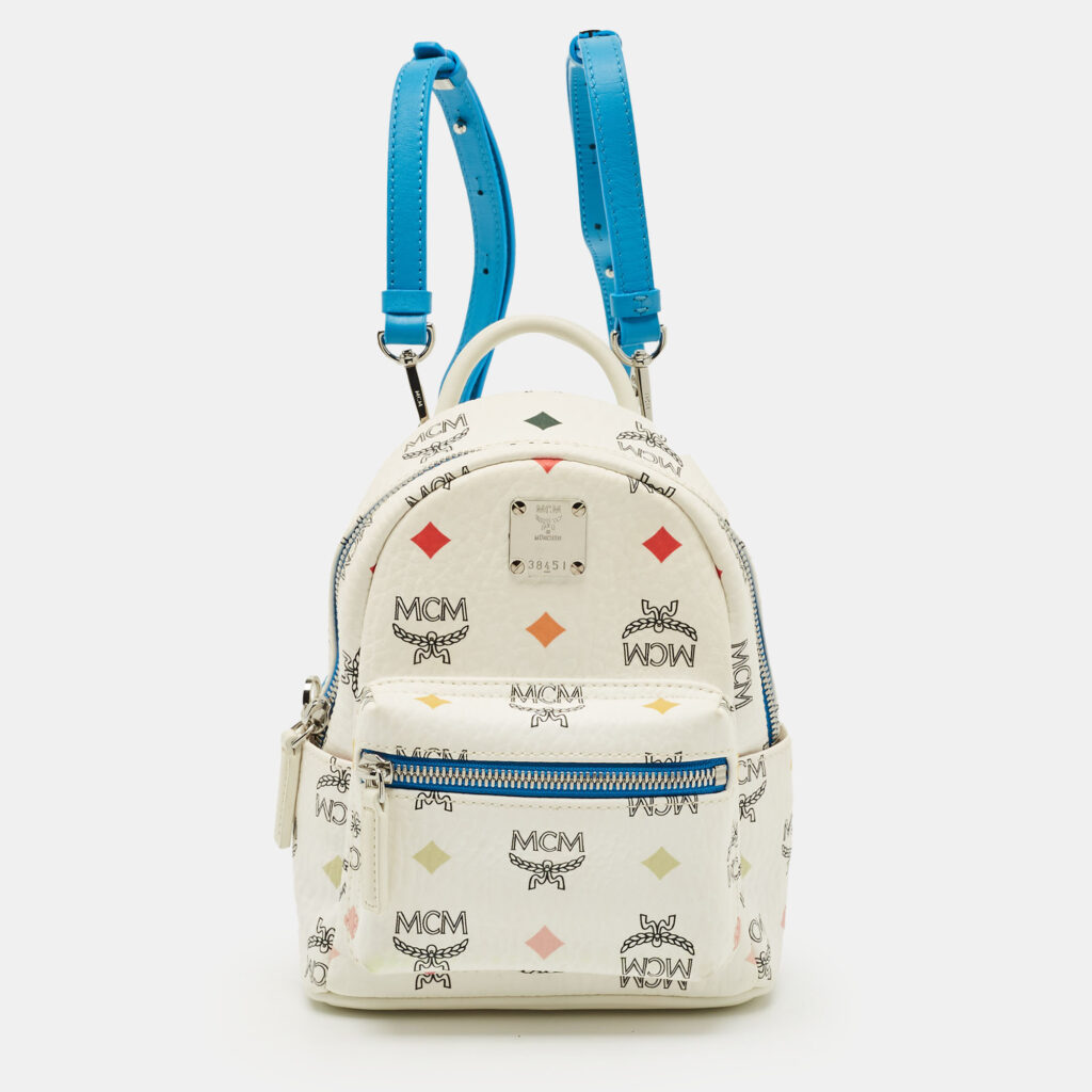 MCM Blue/White Visetos Coated Canvas and Leather Mini Stark Backpack MCM Blue/White Visetos Coated Canvas and Leather Mini Stark Backpack