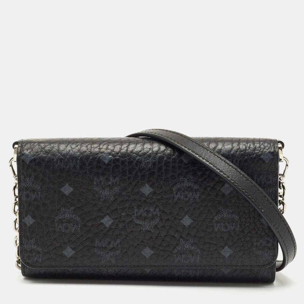 MCM Black Visetos Coated Canvas and Leather Trifold Wallet On Chain MCM Black Visetos Coated Canvas and Leather Trifold Wallet On Chain