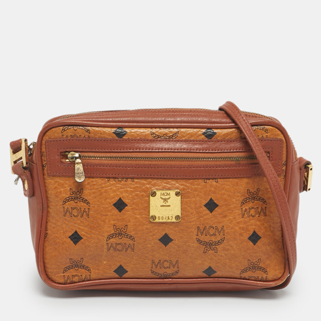 MCM Cognac Visetos Coated Canvas and Leather Front Zip Camera Bag