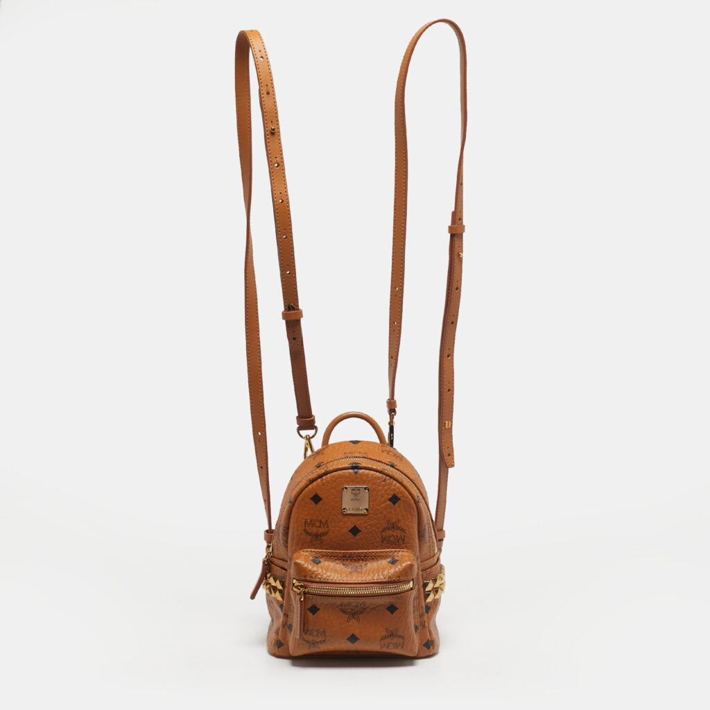 MCM Cognac Visetos Coated Canvas and Leather Mini Stark Studs Backpack MCM Cognac Visetos Coated Canvas and Leather Mini Stark Studs Backpack