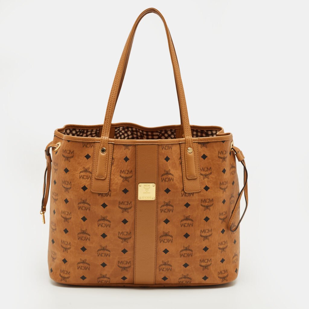 MCM Tan Visetos Coated Canvas and Fabric Liz Reversible Tote