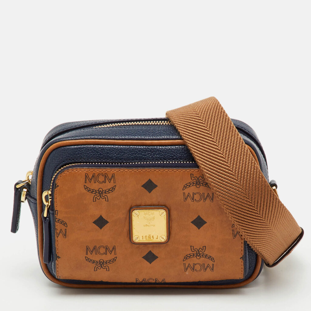 MCM Tan/Navy Blue Leather and Visetos Coated Canvas Small Klassik Crossbody Bag MCM Tan/Navy Blue Leather and Visetos Coated Canvas Small Klassik Crossbody Bag