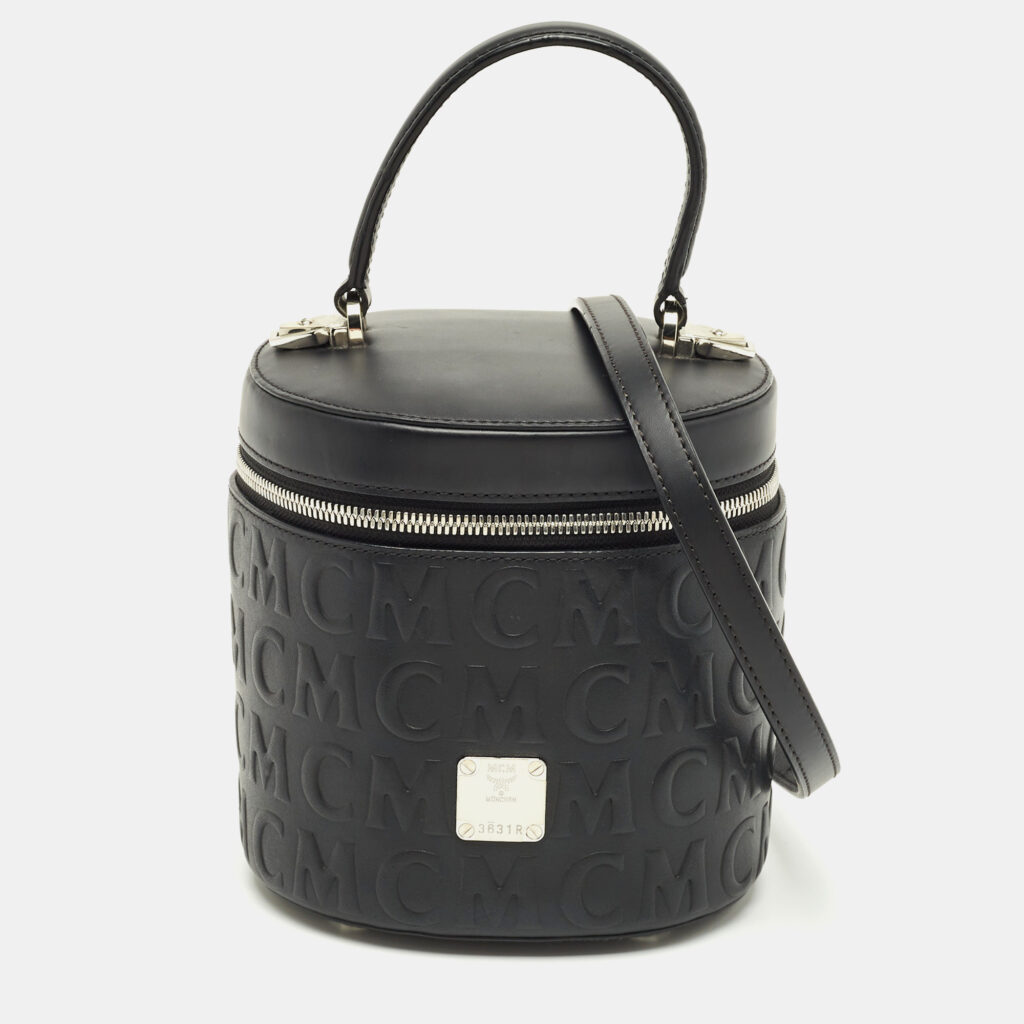 luxury-women-mcm-used-handbags-p1231680-004.jpg MCM Black Logo Embossed Leather Cylinder Bag