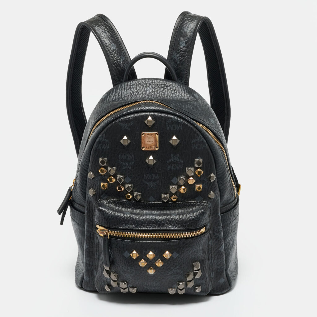 MCM Stark Small Black Visetos Coated Canvas Studded Backpack MCM Stark Small Black Visetos Coated Canvas Studded Backpack