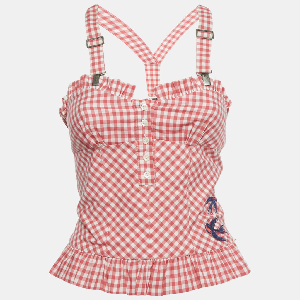 McQ by Alexander McQueen Pink Gingham Print Suspender Strap Top S McQ by Alexander McQueen Pink Gingham Print Suspender Strap Top S