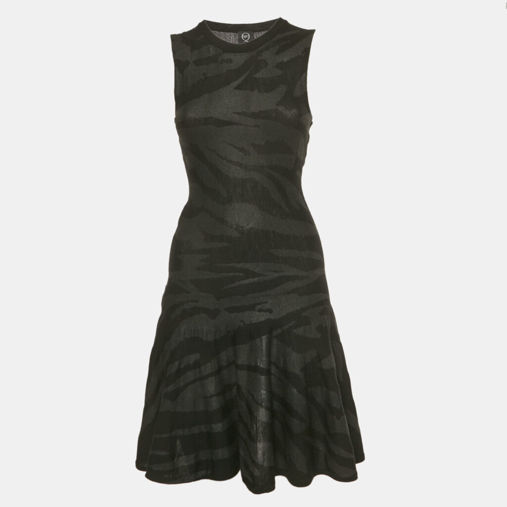 McQ by Alexander McQueen Black Animal Print Knit Flared Mini Dress M McQ by Alexander McQueen Black Animal Print Knit Flared Mini Dress M