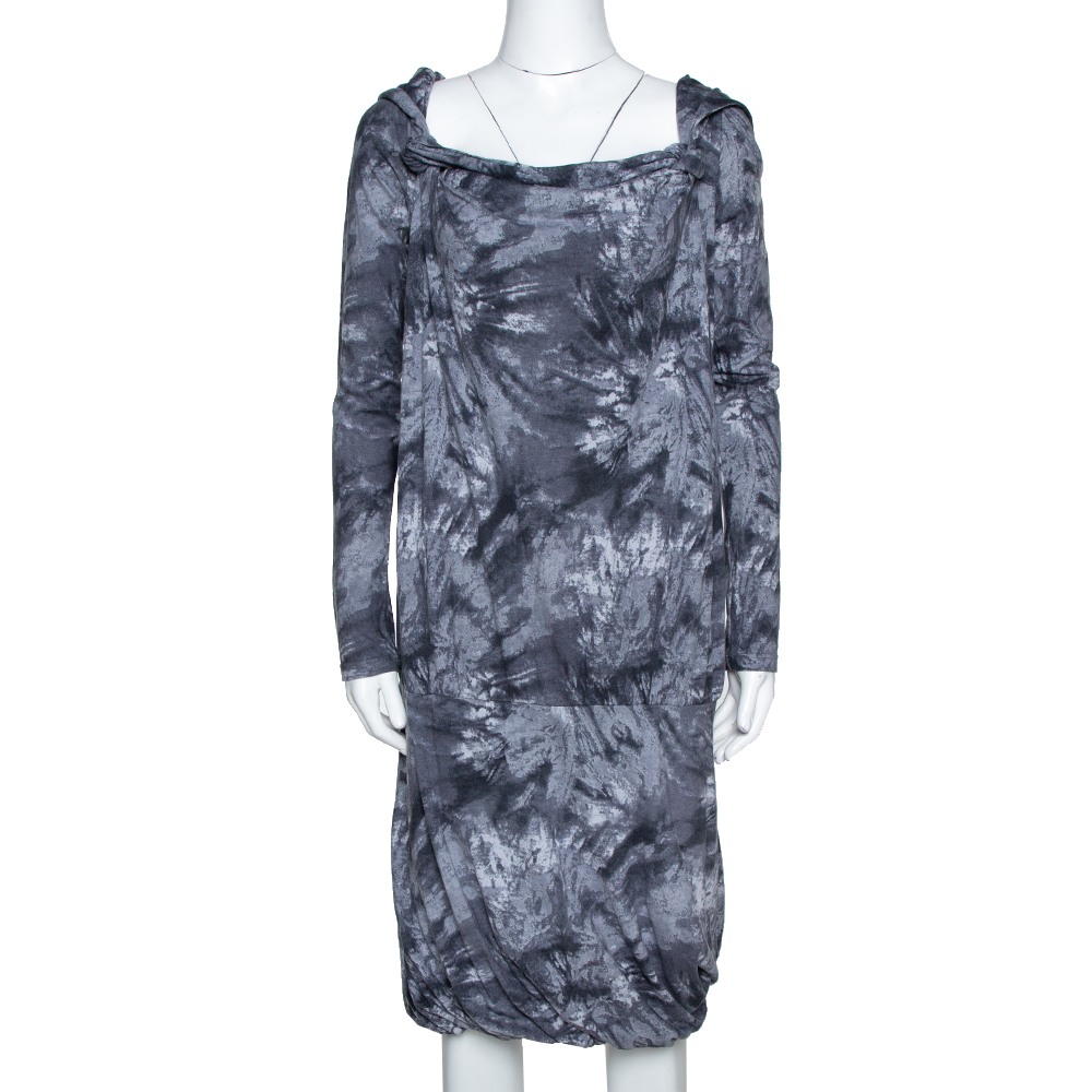 McQ by Alexander McQueen Graphite Printed Cotton Jersey Hooded Dress XS McQ by Alexander McQueen Graphite Printed Cotton Jersey Hooded Dress XS