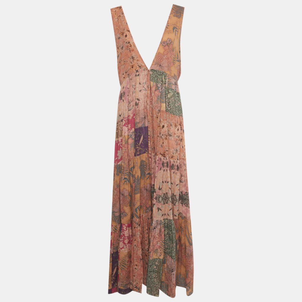 Mes Demoiselles Multicolor Floral Print Eyelet Detail Cotton Maxi Dress S