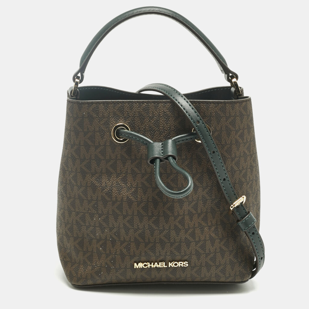 luxury-women-michael-kors-new-handbags-p1242285-005-1.jpg Michael Kors Brown/Dark Green Signature Canvas Suri Drawstring Bucket Bag