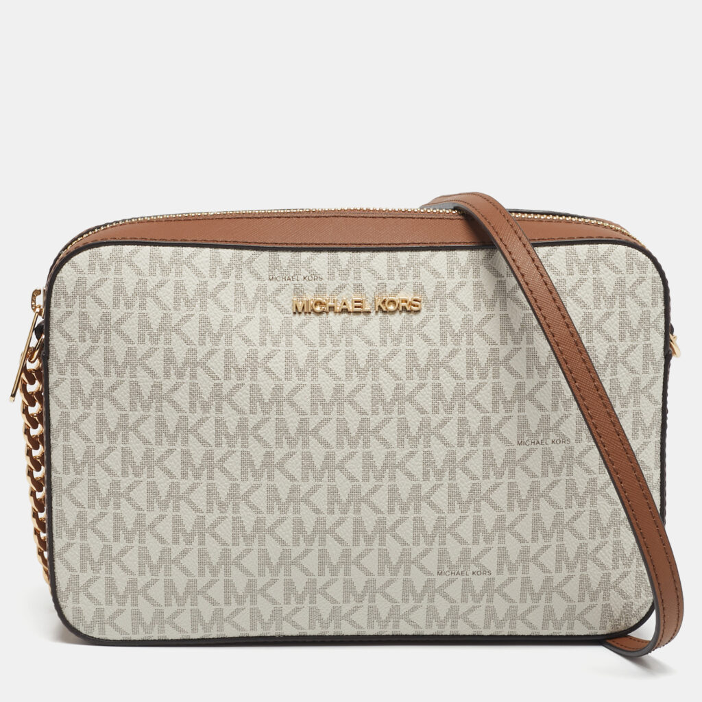 Michael Kors White/Brown Signature Coated Canvas and Leather Large East West Jet Set Crossbody Bag