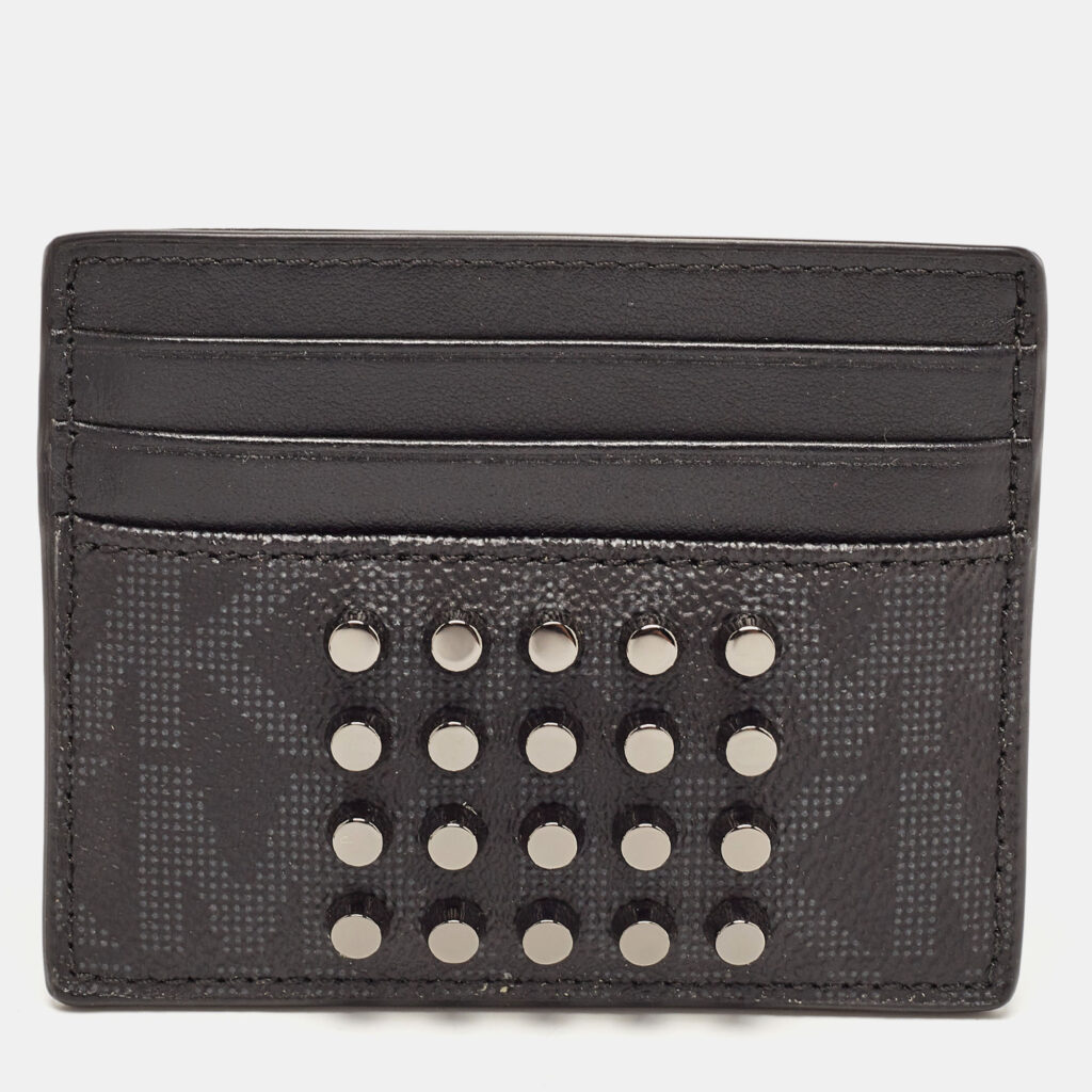 luxury-women-michael-kors-new-handbags-p908945-010.jpg Michael Kors Black Signature Coated Canvas and Leather Studded Tall Card Case