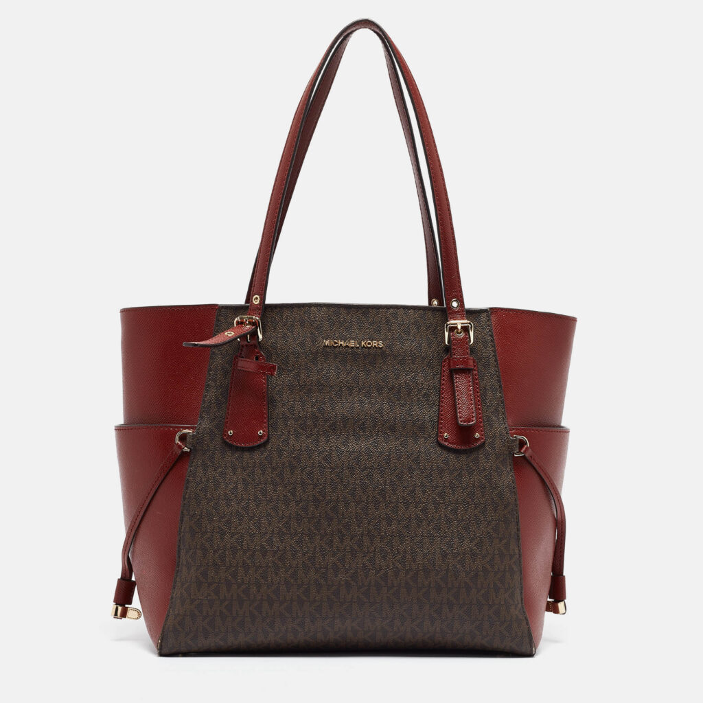 Michael Kors Red/Brown Signature Coated Canvas and Leather Voyager East West Tote Michael Kors Red/Brown Signature Coated Canvas and Leather Voyager East West Tote