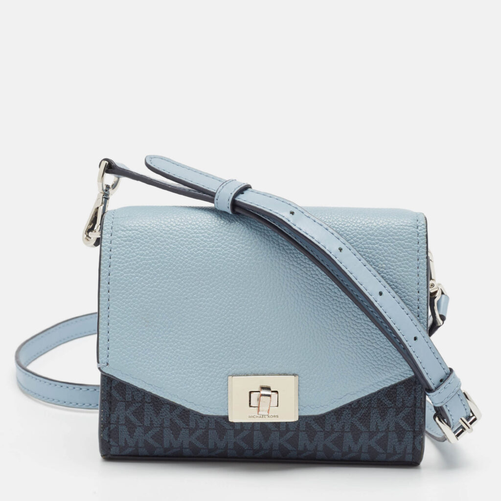 Michael Kors Two Tone Blue Signature Coated Canvas and Leather Crossbody Bag Michael Kors Two Tone Blue Signature Coated Canvas and Leather Crossbody Bag