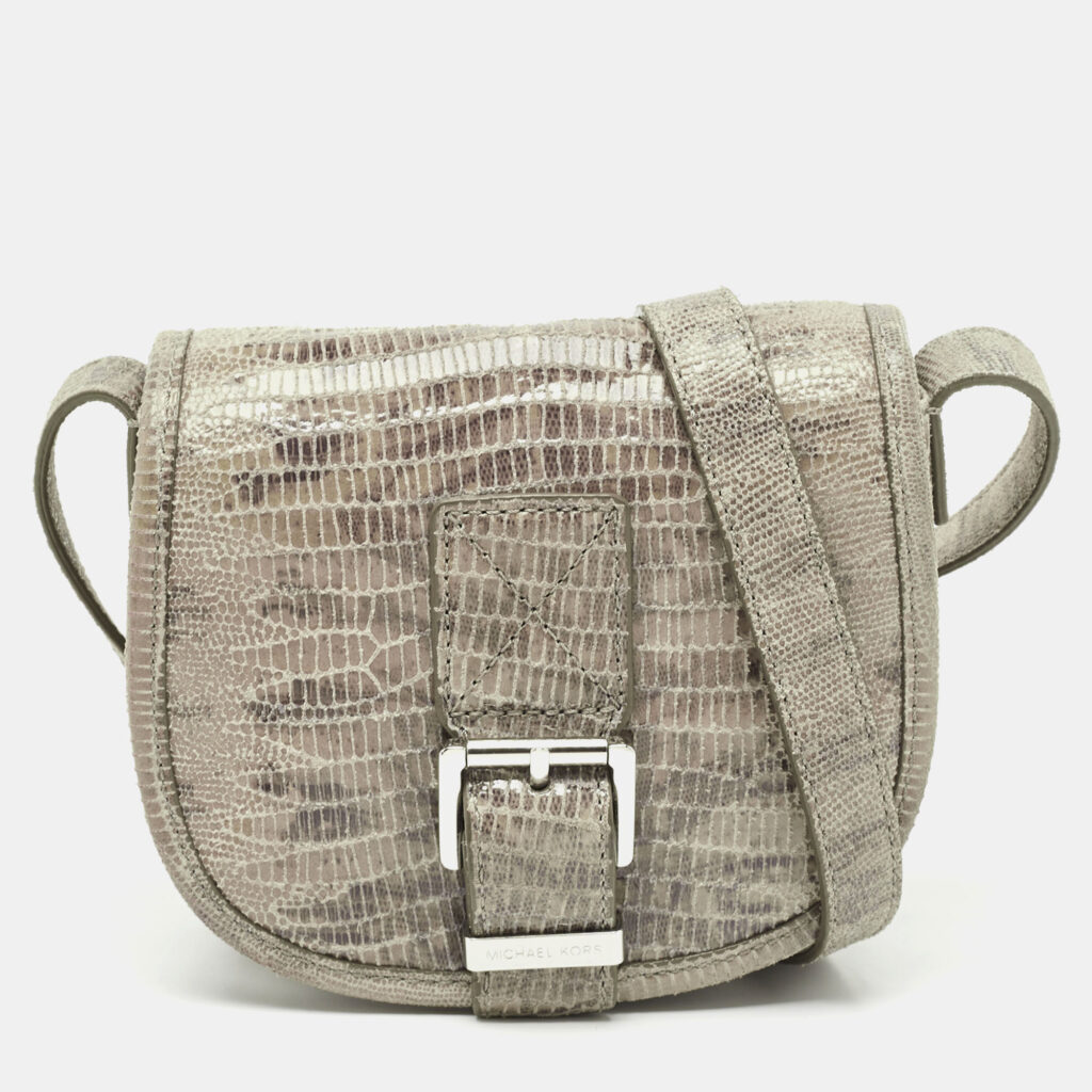 Michael Kors Grey Lizard Embossed Leather Buckle Flap Crossbody Bag Michael Kors Grey Lizard Embossed Leather Buckle Flap Crossbody Bag