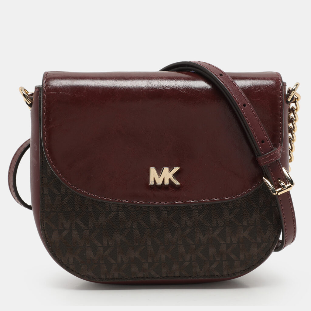 Michael Kors Burgundy/Brown Signature Coated Canvas and Leather Mott Crossbody Bag