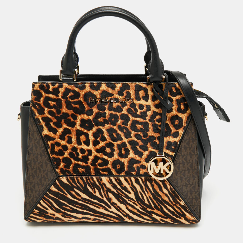 Michael Kors Black/Brown Leopard Print Calf Hair and Leather Large Prism Satchel Michael Kors Black/Brown Leopard Print Calf Hair and Leather Large Prism Satchel