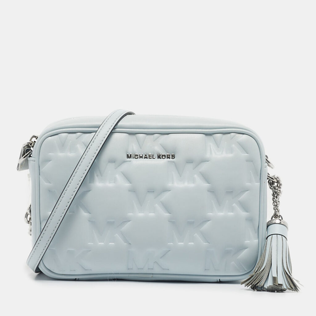 Michael Kors Soft Sky Blue Signature Embossed Faux Leather Medium Jet Set Camera Bag