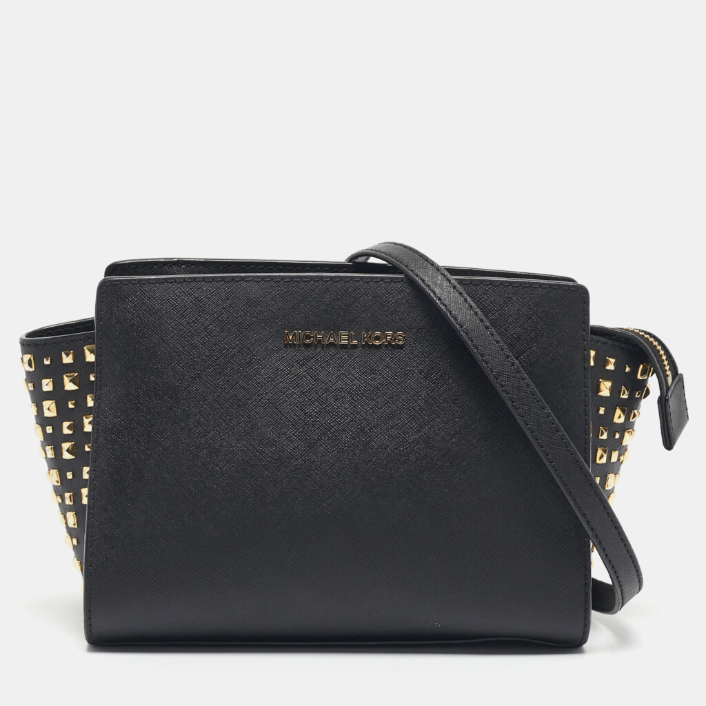 Michael Kors Black Leather Small Studded Selma Crossbody Bag Michael Kors Black Leather Small Studded Selma Crossbody Bag