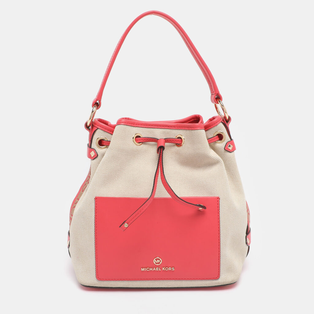 Michael Kors Beige/Pink Canvas and Leather Medium Maeve Bucket Bag Michael Kors Beige/Pink Canvas and Leather Medium Maeve Bucket Bag