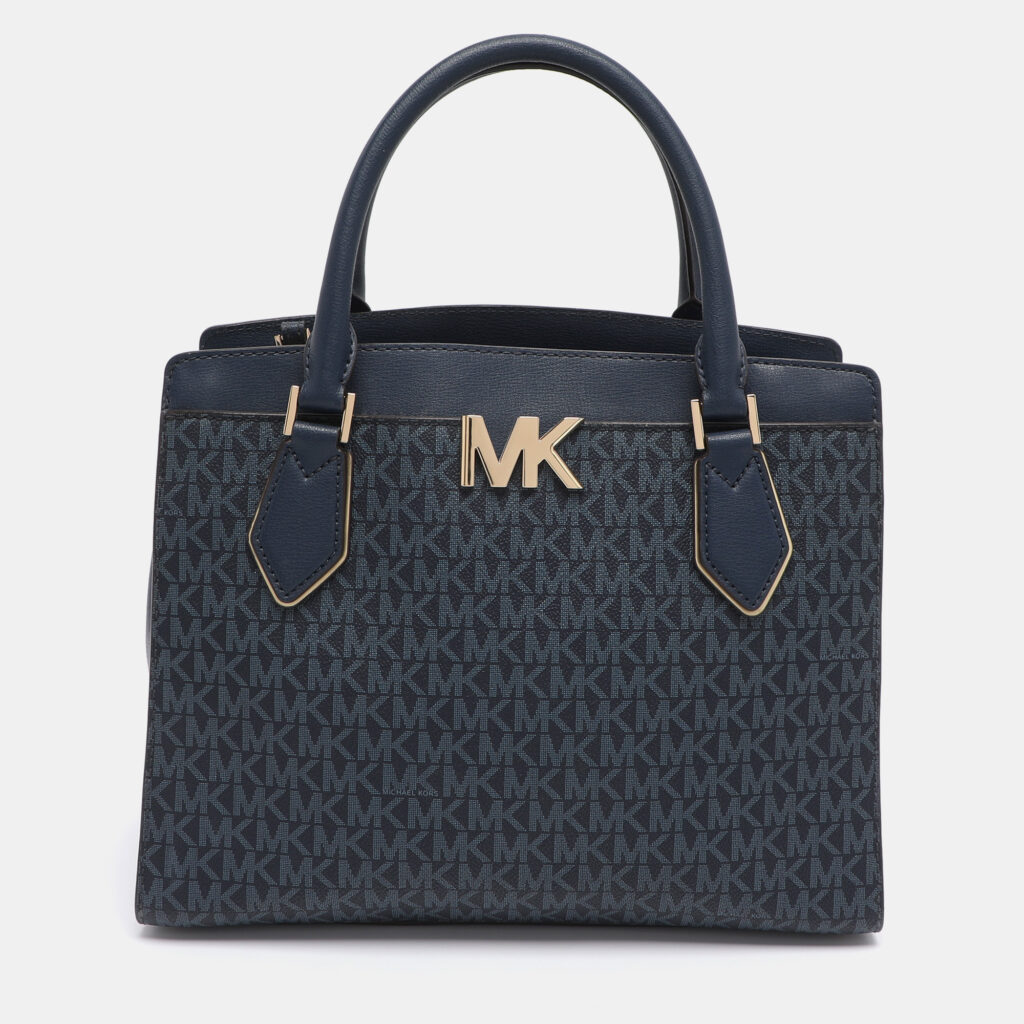 luxury-women-michael-kors-used-handbags-p1190156-005-1.jpg Michael Kors Blue Coated Canvas and Leather Large Mott Tote