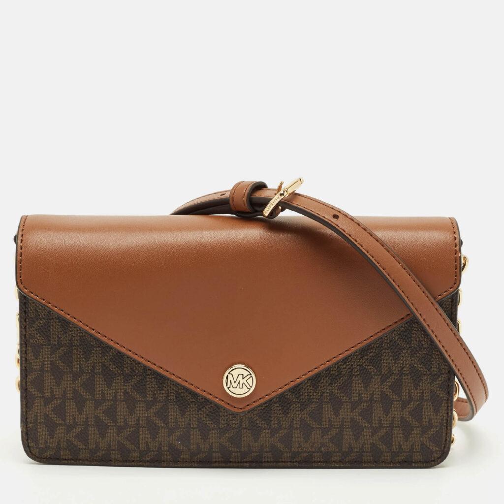 Michael Kors Brown Signature Coated Canvas and Leather Envelope Wallet on Strap Michael Kors Brown Signature Coated Canvas and Leather Envelope Wallet on Strap