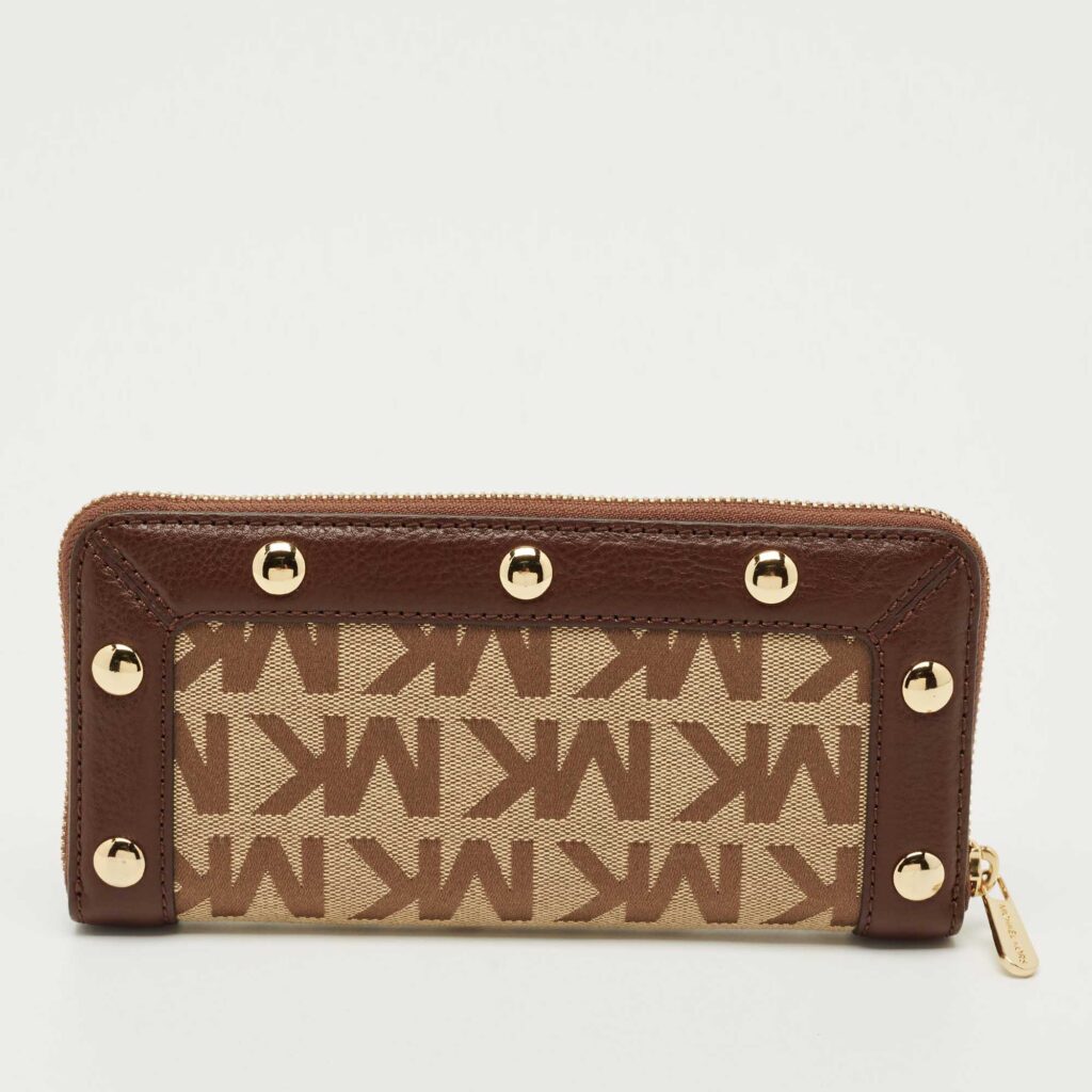 Michael Kors Beige/Dark Brown Signature Canvas and Leather Zip Around Wallet Michael Kors Beige/Dark Brown Signature Canvas and Leather Zip Around Wallet